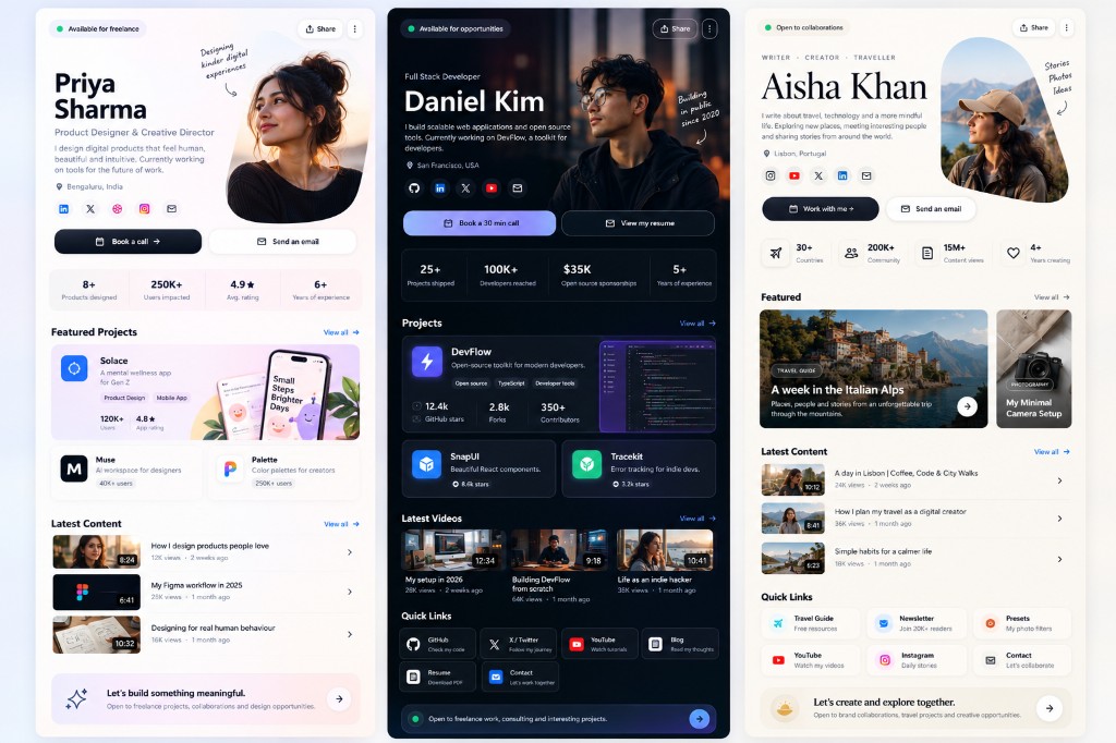 Profile pages for Priya Sharma, Daniel Kim, and Aisha Khan